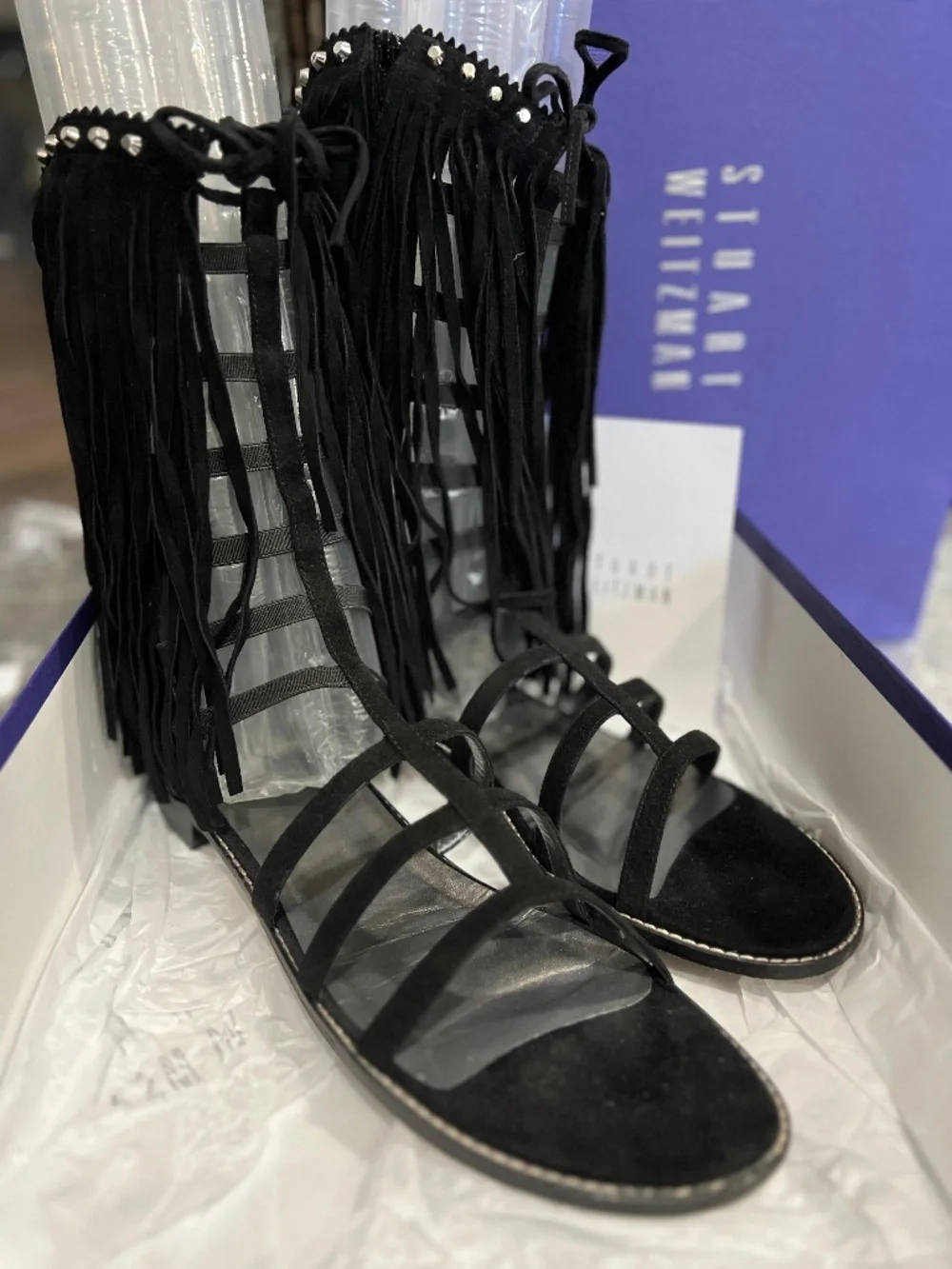 STUART WEITZMAN FRINGE BLASUE 11.5 MED BLACK SUEDE SANDAL